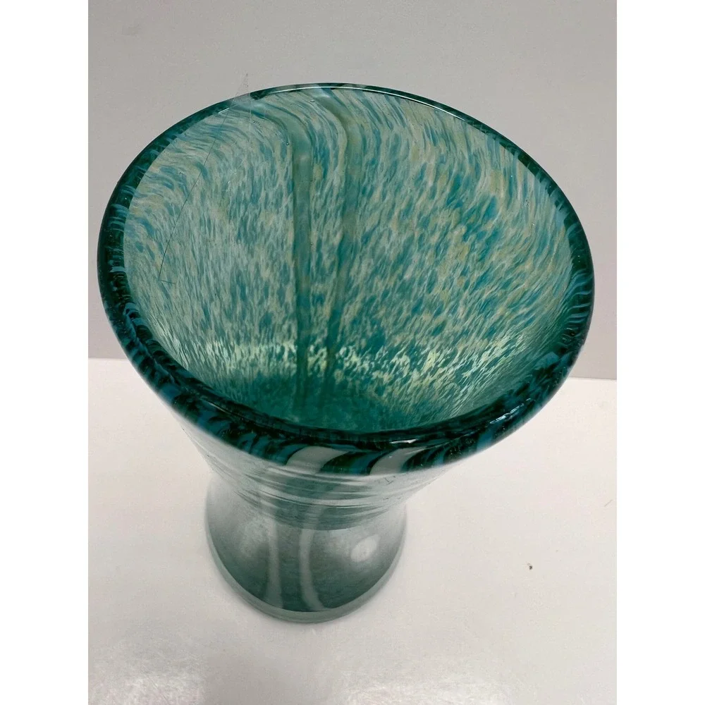 Hand Blown Art Glass Vase Mottled Aqua White Overlays Stretched Tapered Heavy